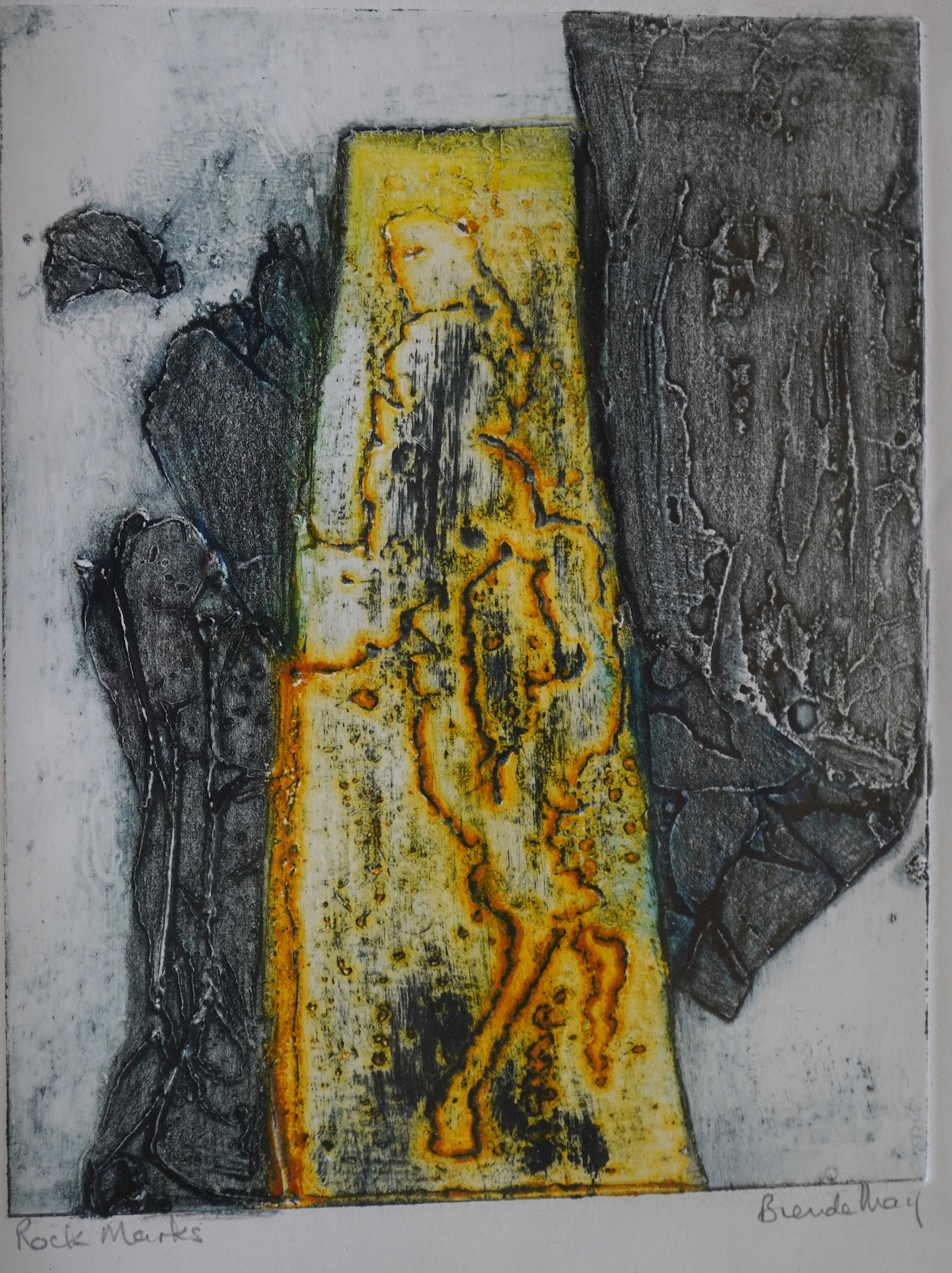 Brenda May (Modern British), a collection of five works to include a collage ‘Italian Autumn’, a pencil sketch and two collagraph prints, one titled ‘Rock Marks’, each signed in pencil, largest 58 x 41cm